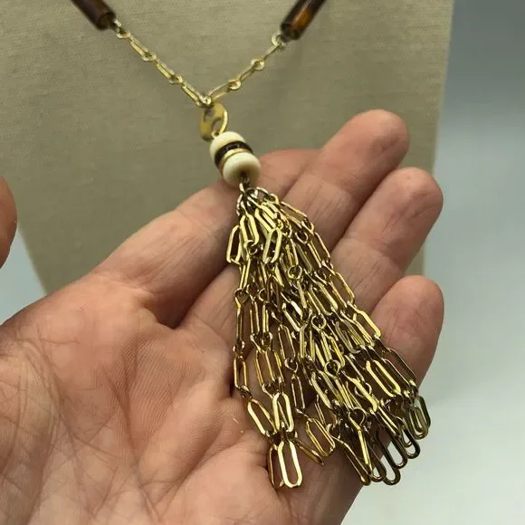 VINTAGE Gold Tone Tassel Beaded Pendant Retro Necklace, Disco Party Studio 54 - Picture 3 of 16